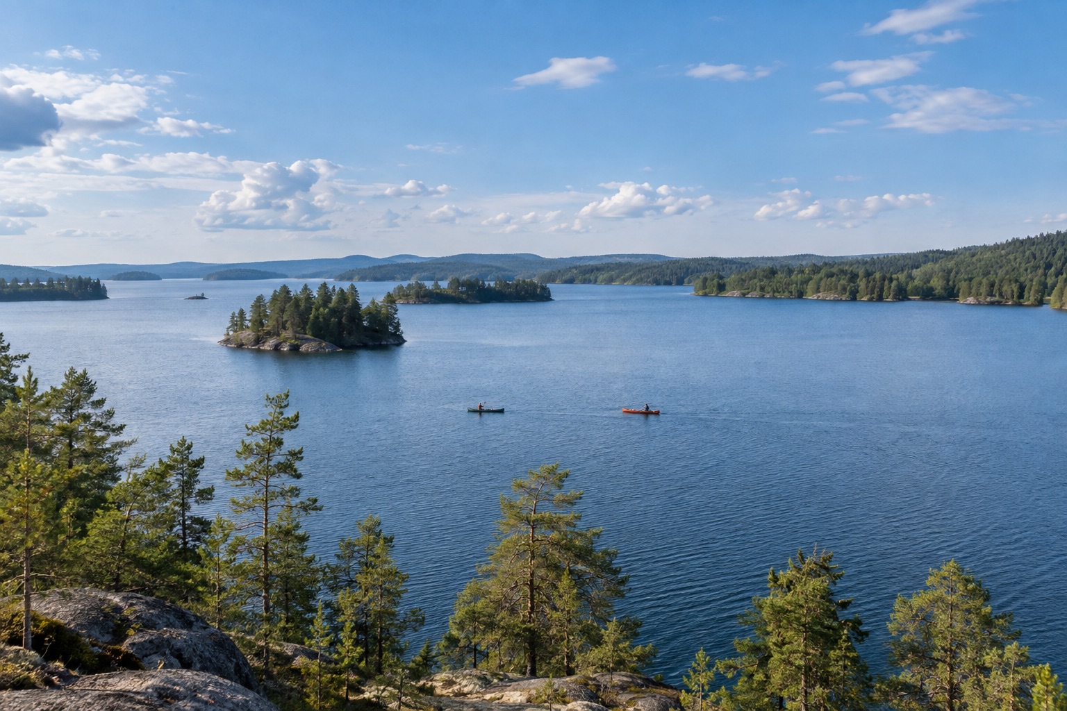 Zwei kleine Kanus überqueren eine weite skandinavische Seenlandschaft