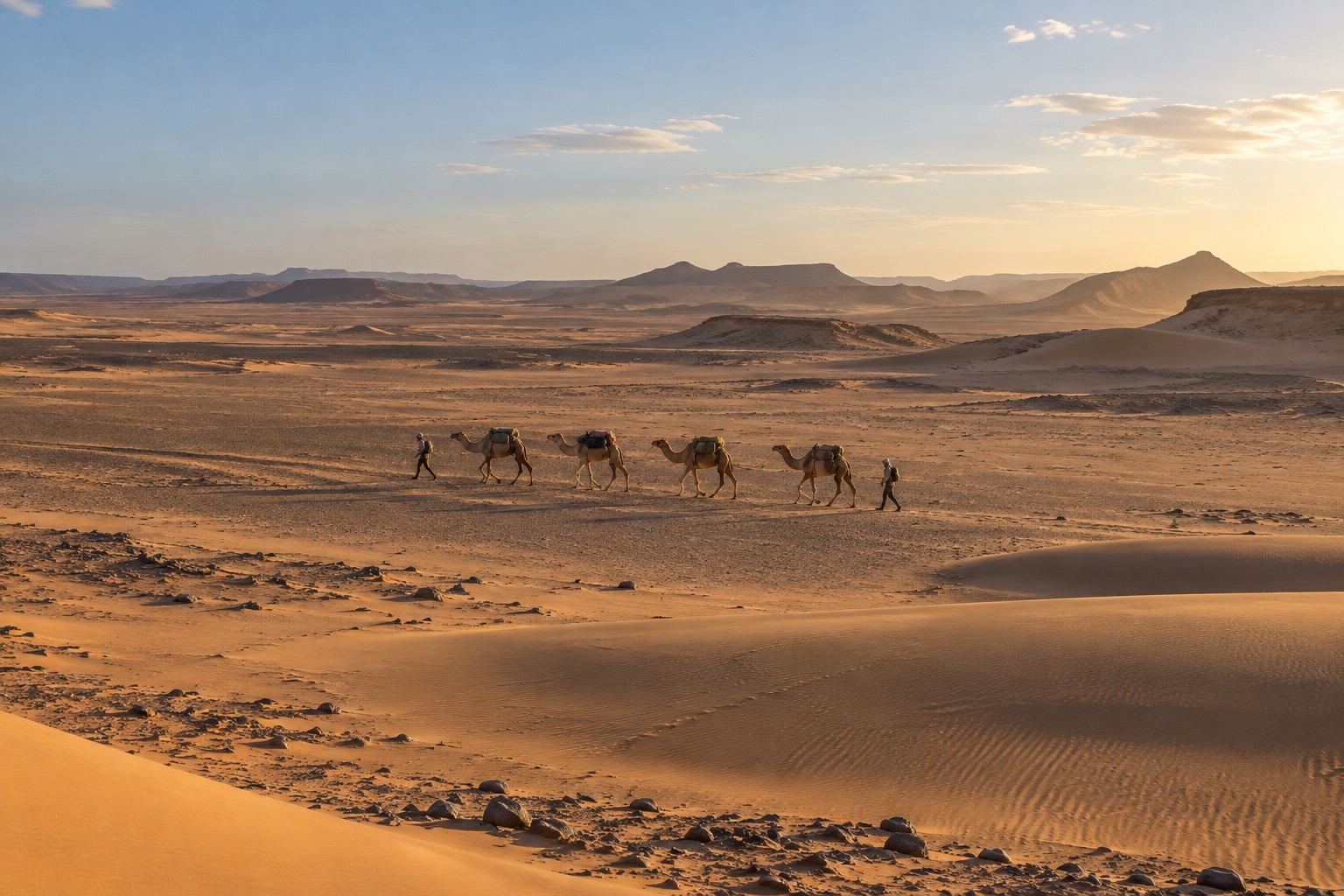 Eine kleine Karawane zieht zu Fuß mit fünf Dromedaren durch die weite Sahara