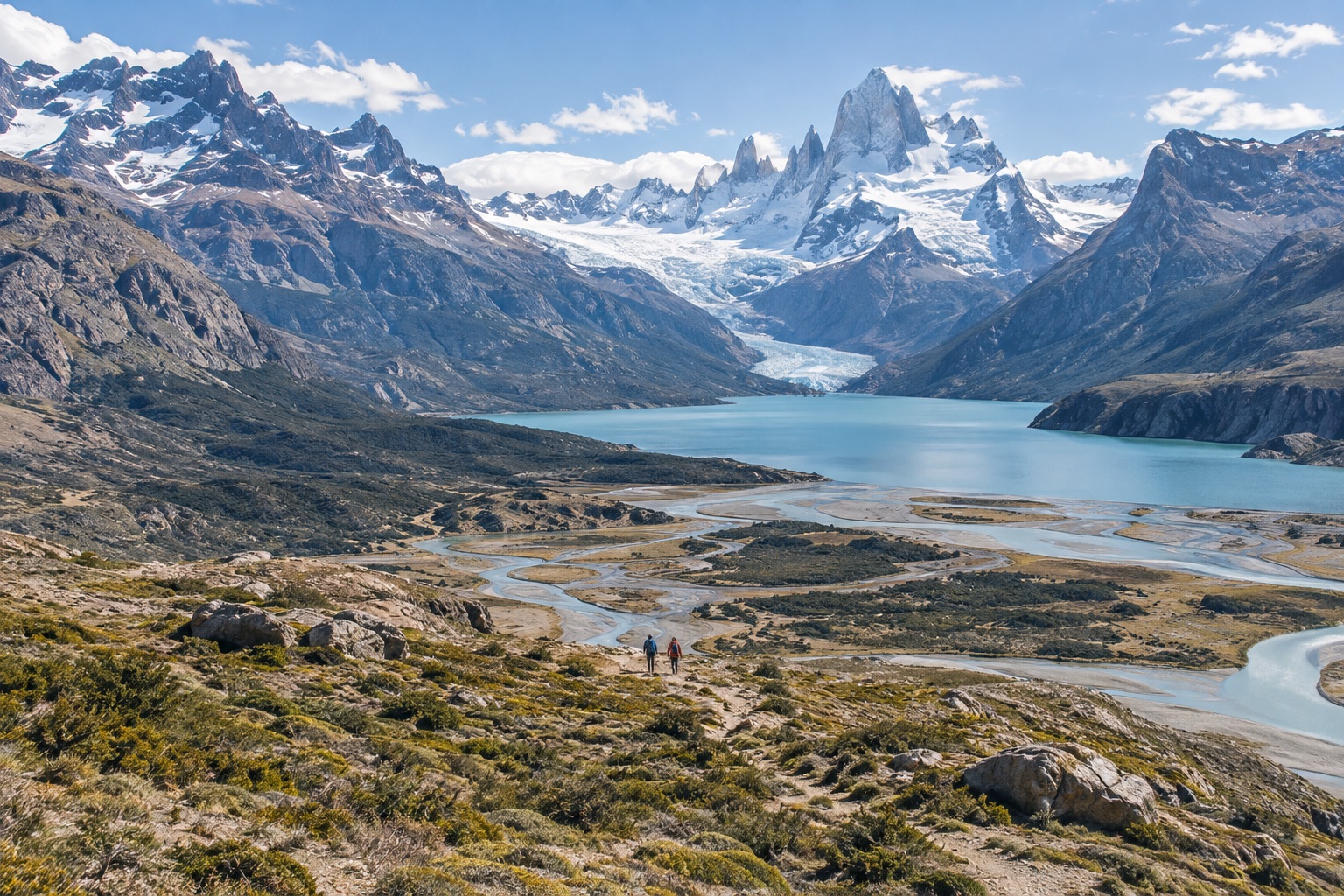 Zwei Wandernde in einer großen patagonischen Berg- und Seenlandschaft