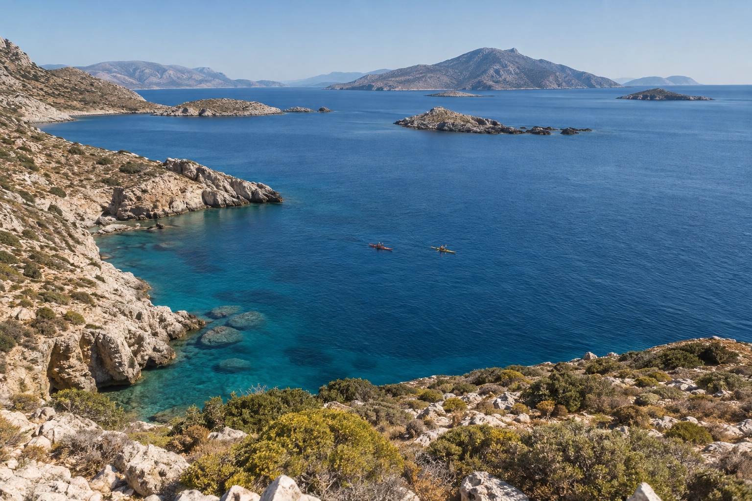 Zwei kleine Seekajaks vor einer abgelegenen griechischen Inselküste