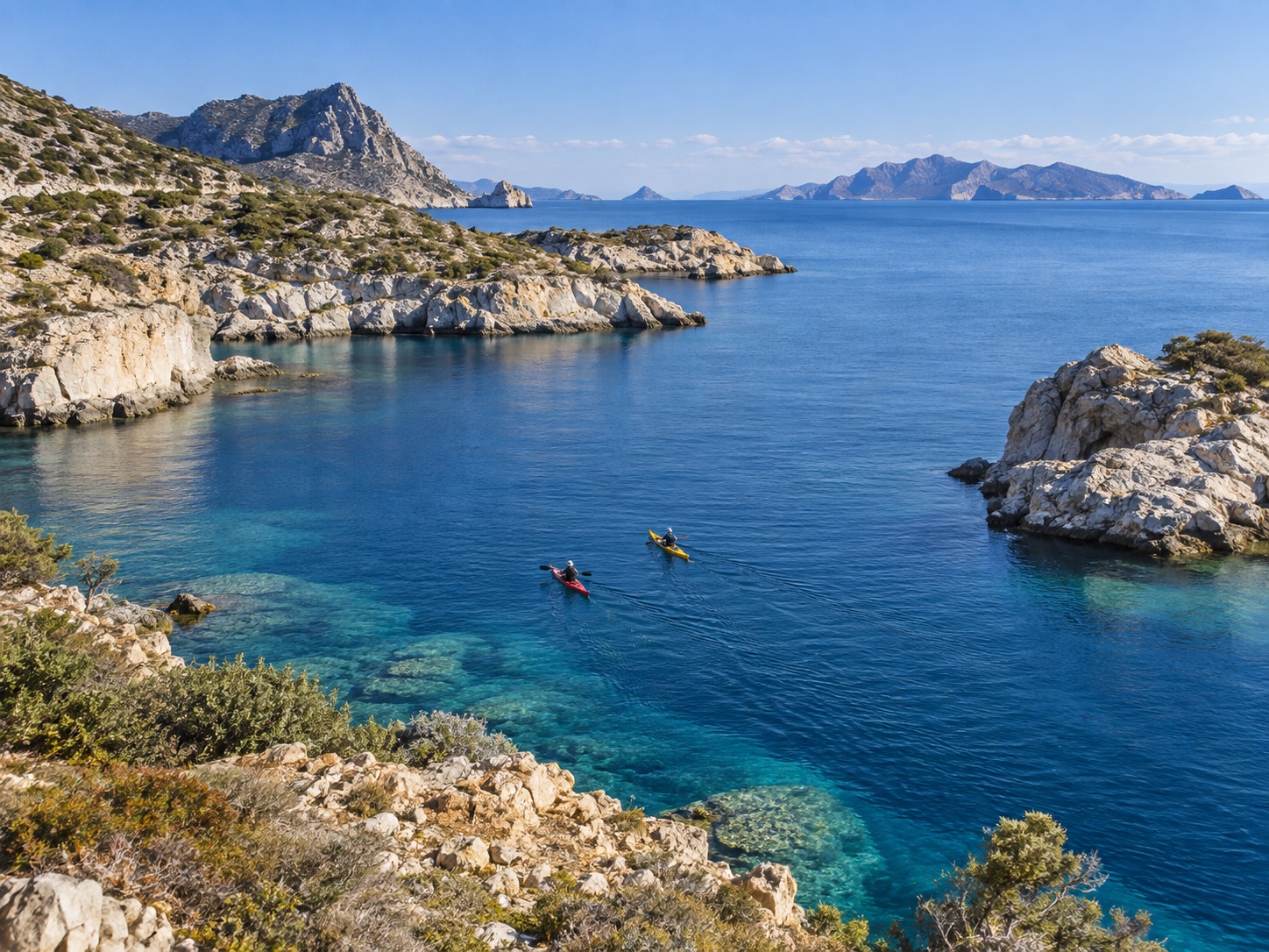 Two sea kayaks off a remote Greek island coast