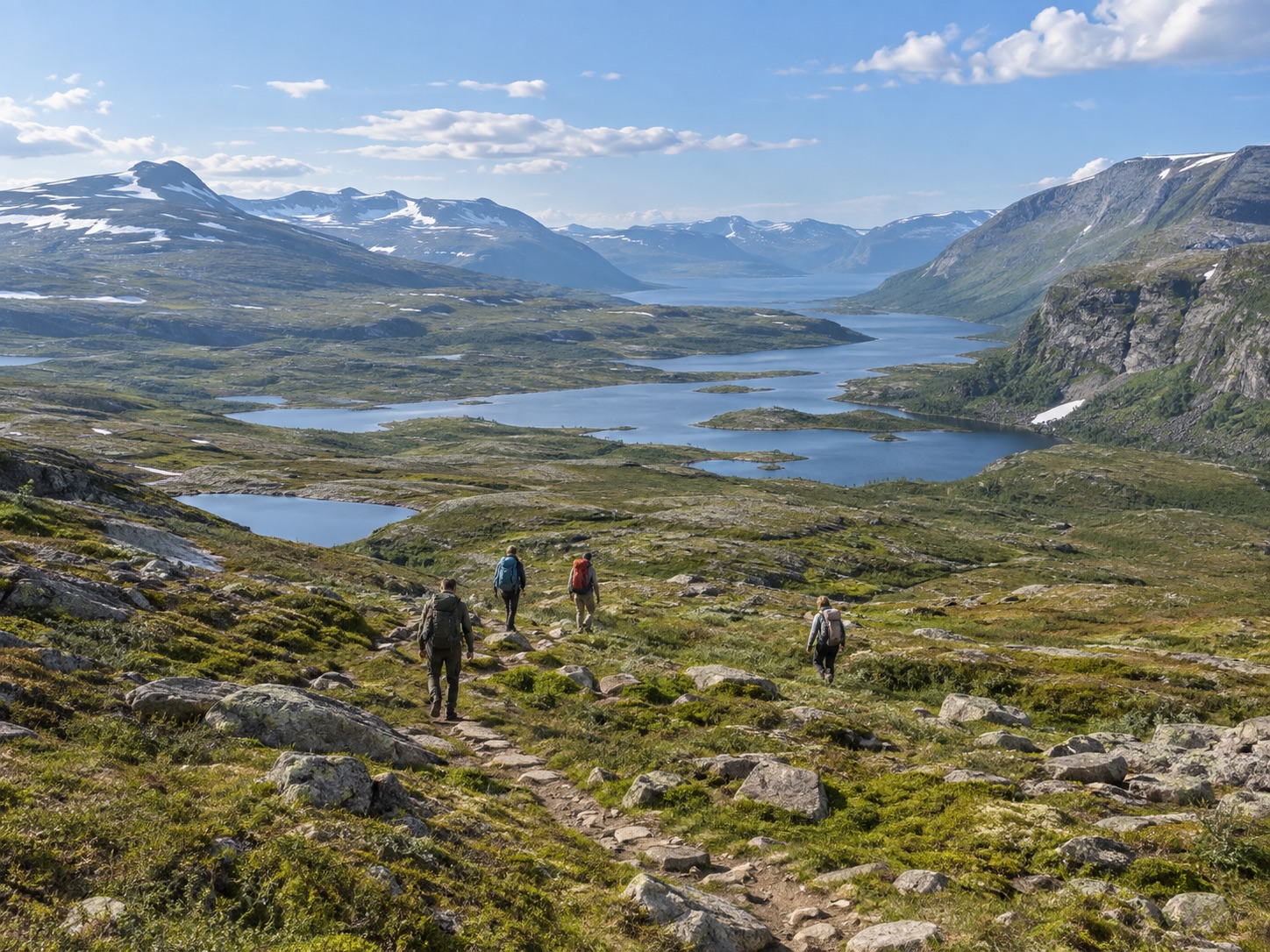 Small hiking group in a vast Nordic mountain landscape