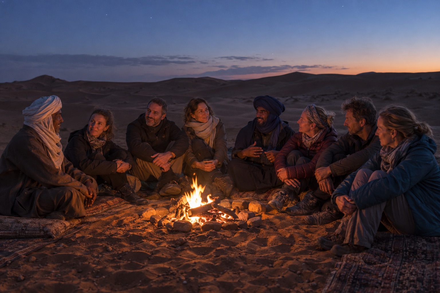 Group around a small campfire in the Sahara at dusk