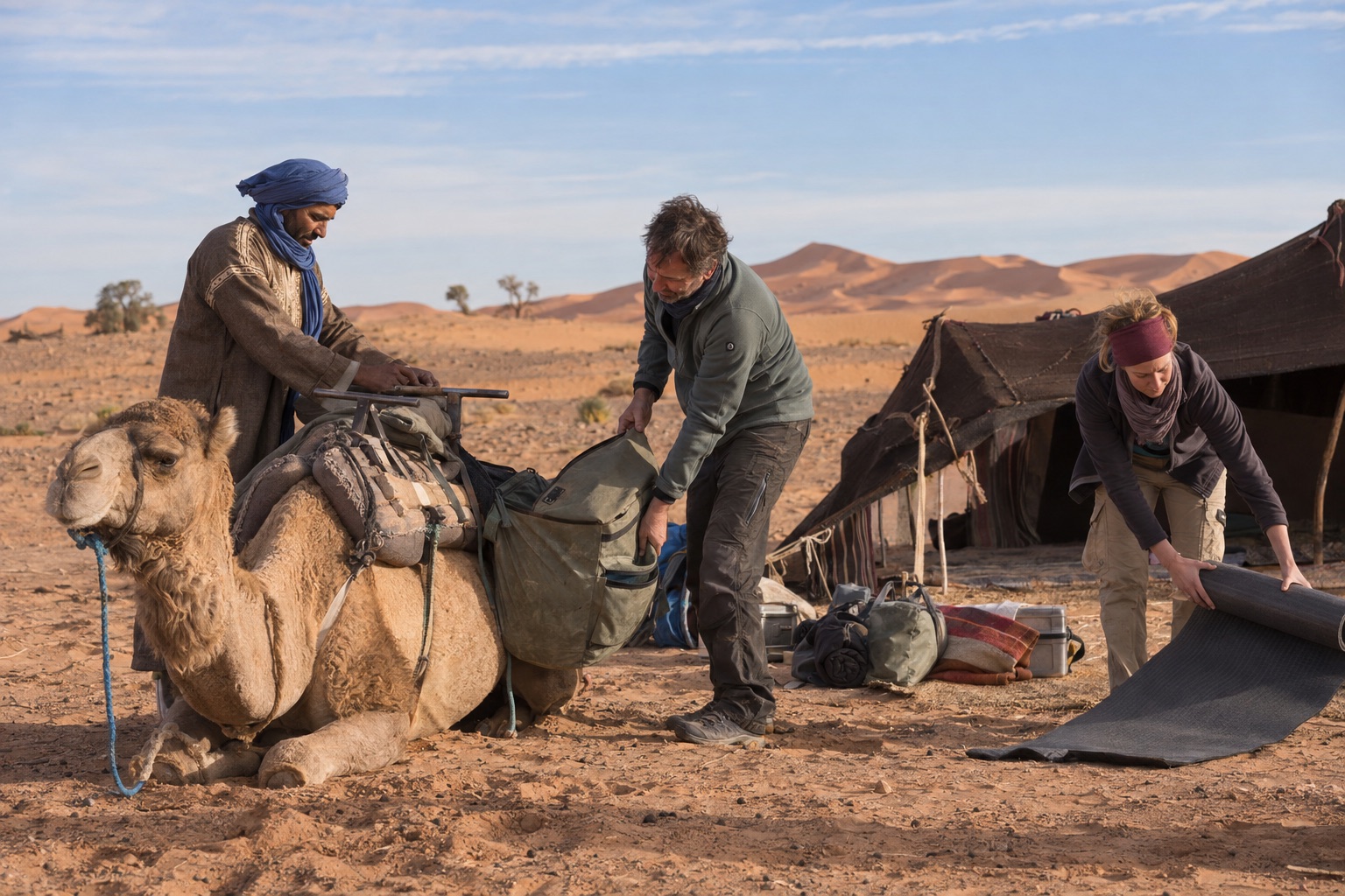 Three travellers setting up camp with a dromedary in the Sahara
