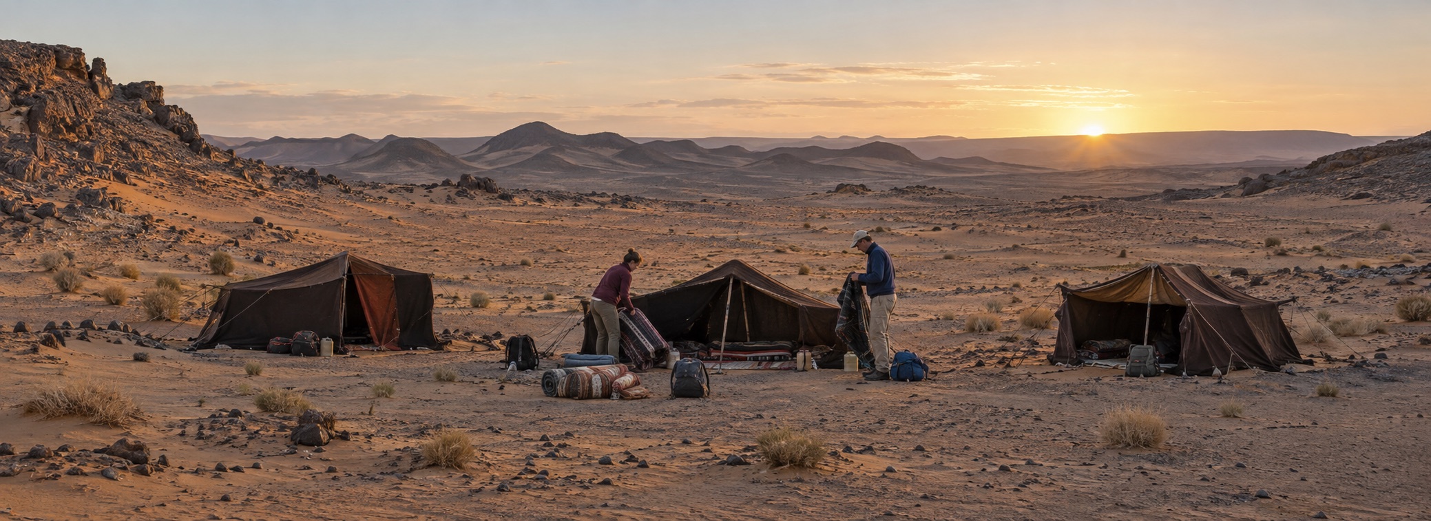 Simple desert camp with three tents in a vast rocky landscape