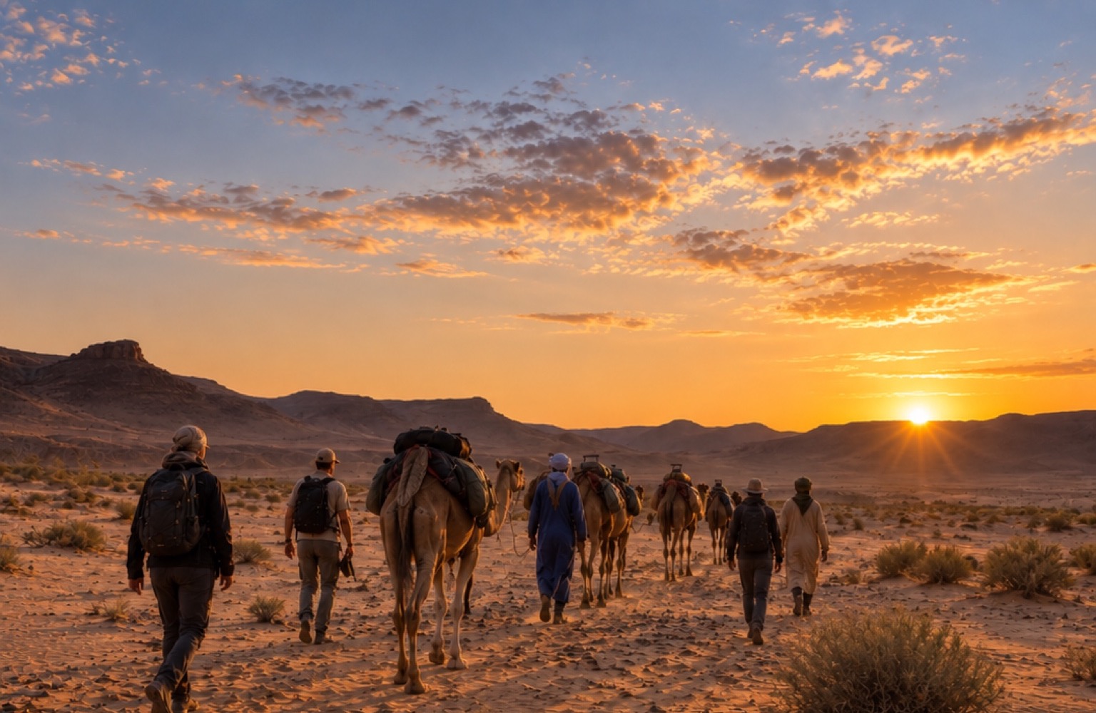 Karawane in der Sahara im warmen Abendlicht